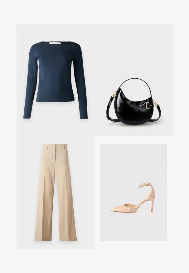Marineblauw longsleeve top met een vierkante halslijn, gemaakt van een gladde, rekbare stof. Heeft een getailleerde pasvorm en minimale stiksel details.; Beige wijde broek gemaakt van gladde stof, met een flatte voorkant met plooien, een rits en riemlussen. Over het geheel een getailleerde pasvorm.; Nude patenten leren puntige schoen met een enkelbandje en een stilettohak, met een gladde textuur en een minimalistisch ontwerp.; Zwarte gepatineerde leren handtas met een gebogen vorm, verstelbare schouderband en gouden hardwaredetails aan de zijkant. Gladde, glanzende textuur.