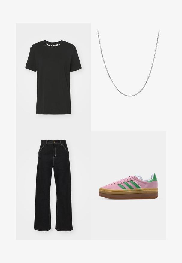 Sort bomulds t-shirt med rund hals. Har hvid "THE NORTH FACE" logo på kraven. Korte ærmer og lige kant.; Sorte bukser med bred ben, lavet af denim og prydet med kontrastfarvet hvid syning samt en frontlukning med knap, og to skrå forlommer.; Lyserøde ruskindsneakers med grønne striber, hvide accenter og en brun gummisål. Har tekstureret stof og logodetaljer på siden.; Sølv kædedesign med glatte, runde flade led. Funktioner en blank finish og måler cirka 50 cm i længden.