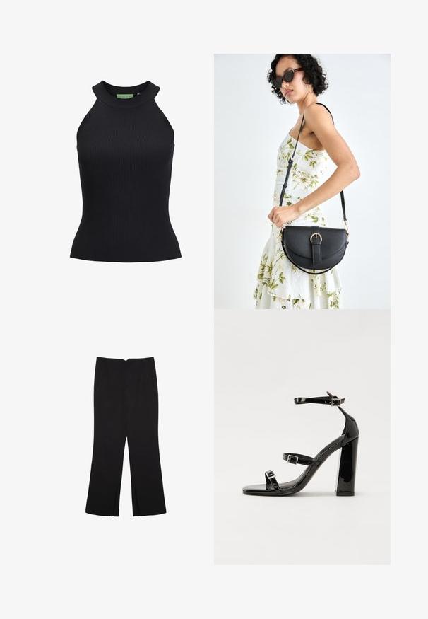 Top in maglia nera a coste con scollatura alta e senza maniche. Caratterizzato da una vestibilità aderente e un tessuto elasticizzato. Etichetta del marchio verde all'interno.; Pantaloni neri a gamba dritta, con tasche frontali e spacchi laterali all'orlo. Realizzati in tessuto morbido e liscio. Adatti a diverse occasioni.; Sandali con tacco in vernice nera, con punta squadrata, cinturini alla caviglia e fibbie in argento. Presentano un tacco a blocco spesso per maggiore stabilità.; Borsa a tracolla nera in pelle con una forma curva, manico rimovibile e accessori dorati. La borsa presenta una patta con un dettaglio a fibbia.