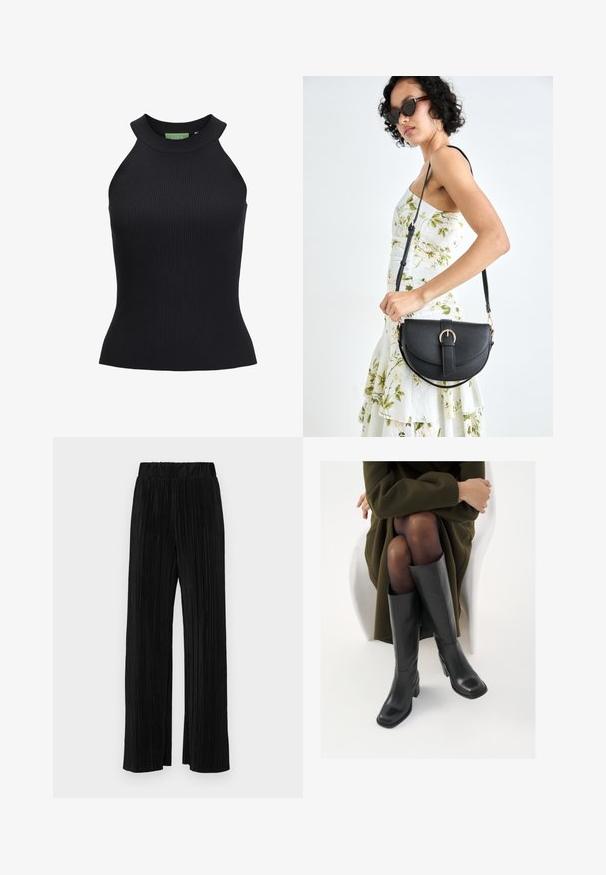 Must mustriba särk kõrge kaelusega ja varrukateta disainiga. Omab tihedat sobivust ja venivat kangast. Roheline brändi silt sees.; Mustad pleekitud püksid elastse vöökohtaga. Omavad laiad jalad ja sujuvat, tekstureeritud kangast vertikaalsete triipudega.; Knee-high mustad nahast saapad nelinurkse varbaga ja plokilise kontsaga, esitatud mudeli kõrval, kes istub oliivirohelises mantlis. Sujuv tekstuur, minimaalne detailide arv.; Mustmust mustraha kõverate joontega, eemaldatava rihmaga ja kuldsete detailidega. Kotil on klapp, millel on pandladetail.