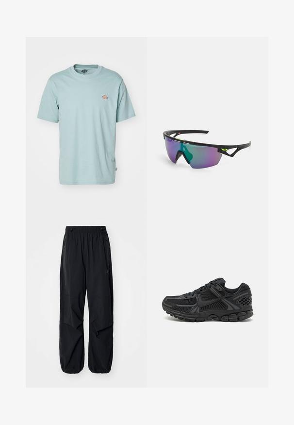 Dickies MAPLETON - Basic póló - blue surf; Fekete, könnyű munkásnadrág elasztikus derékrésszel, oldalsó cipzárokkal és tágas zsebekkel. Lazán illeszkedik, és szűkülő bokákkal rendelkezik.; Fekete sportcipő, hálós felsőrésszel, gumitalppal és texturált részletekkel. A dizájn kiemelkedő fűzőrendszert és párnázott talpat tartalmaz.; Fekete keretes sport napszemüveg, nagy, lila és zöld árnyalatú, gradiens lencsével, szögletes formatervezési kiemelésekkel és logó részletekkel.