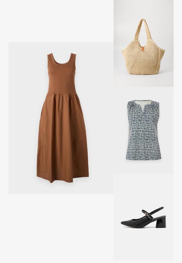 Ærmeløs top i marineblå og creme med et struktureret rutenet mønster. Har en V-halsudskæring og samlede detaljer ved skuldrene.; Brun ærmeløs kjole med en tætsiddende overdel og en flydende, samlet nederdel. Den er lavet af blødt stof og har en rund halsudskæring samt en mellemlang længde.; Sorte patentlæder slingback hæle med spids tå, rund udskæring og blokhæl. Har en guldtonet spændeaccents.; Stor stråtask med en tekstureret, beige yderside og to brede håndtag. Har et læderbånd som lukning.