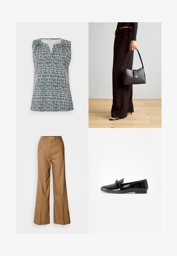 Bezrukávový top v námorníckej modrej a krémovej farbe s textúrovaným mriežkovým vzorom. Má výstrih do V a zhaľovacie detaily na pleciach.; Hnedé široké nohavice vyrobené z ľahkej tkaniny. Majú plochý predný diel, púzdra na opasok a prispôsobený strih s dĺžkou po členky.; Čierne lakované kožené mokasíny s rovnou podrážkou, zaoblenou špičkou a ozdobným pásikom s akcentom v zlatej farbe. Hladký, lesklý povrch.; Čierna kabelka so štruktúrovaným tvarom, hladkou textúrou a kovovou sponou. V kombinácii so širokými čiernymi nohavicami a sandálmi s otvorenou špičkou na drevenej podlahe.