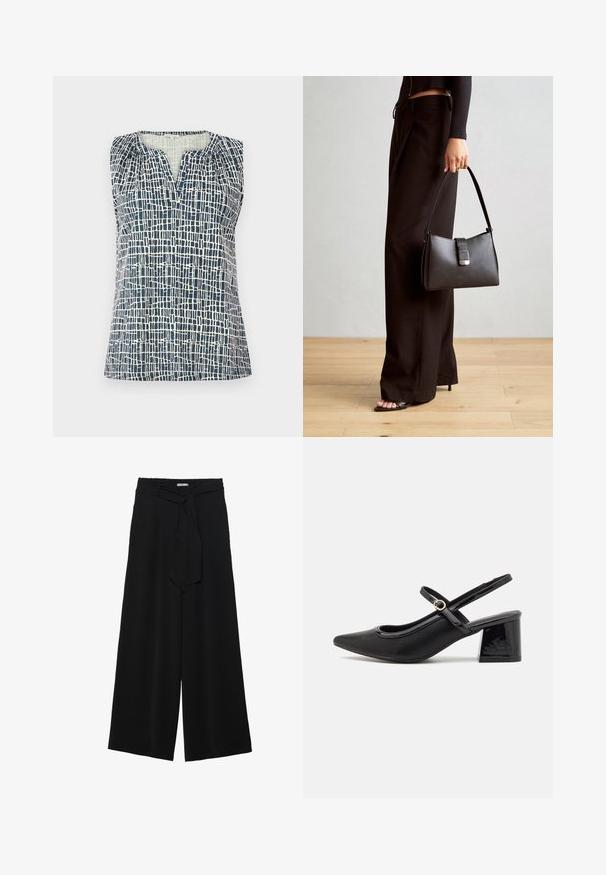 Hihaton paita tummansinisen ja kermanvärisen sävyissä, jossa on teksturoitu ruudukkomuotoilu. Ominaisuuksiin kuuluu V-pääntie ja rypytetyt yksityiskohdat hartioilla.; Mustat leveät housut, joissa on teksturoitu kangas, joustava vyötärö ja irrotettava nauha vyötäröllä säädettävää istuvuutta varten.; Musta lakattu nahka slingback-korkokengät, joissa on terävä kärki, pyöreä aukko-muotoilu ja lohkokorko. Varustettu kultasävyisellä solkiyksityiskohdalla.; Musta käsilaukku, jossa on rakenteellinen muoto, sileä pinta ja metallinen solki. Yhdistetty leveisiin mustiin housuihin ja avonaiheisiin sandaaleihin puulattialla.