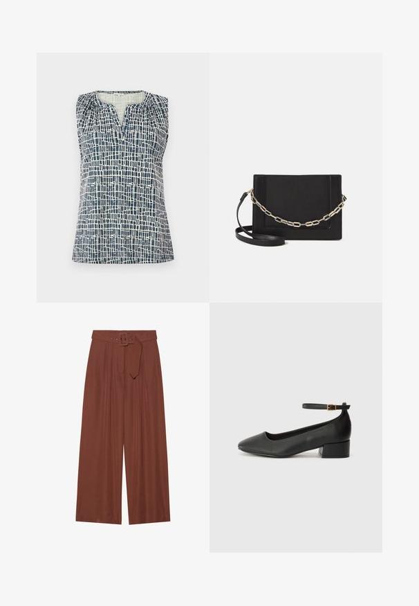 Ærmeløs top i marineblå og creme med et struktureret rutenet mønster. Har en V-halsudskæring og samlede detaljer ved skuldrene.; Løse bukser i brunt stof, med et bælte med firkantet spænde, plisseret design og glat overflade.; Sorte læderpumper med spids tå og en lav blokhæl. Har en ankelrem med en guldfarvet spænde. Glat tekstur.; Sort læder crossbody taske med en glat tekstur, rektangulær form og en metallisk kæde detalje foran. Justerbar skulderrem inkluderet.