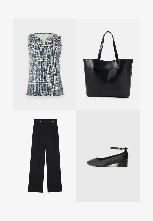 Sleeveless top in navy and cream with a textured grid pattern. Features a V-neckline and gathered details at the shoulders.; Black wide-leg trousers with high waist, button details on waistband, and front pleats.; Black leather pump with a pointed toe and a low block heel. Features an ankle strap with a gold-tone buckle. Smooth texture.; Black leather tote bag with two long handles, a smooth texture, and a structured shape. Features a front pocket for additional storage.
