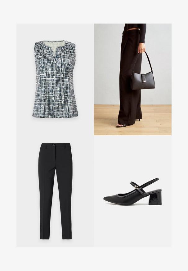 Nackede samet tumed ja koorevalgetes tooni, millel on tekstuuriga ruuduline muster. Omab V-kujulist kaelust ja kortsitud detaile õlavarstel.; Mustad sobivad püksid siledast kangast, klassikalise vöökoha, ees oleva lukuga ja küljetaskutega, millel on stiilne ja kohandatud disain.; Mustad läikivad nahast slingback-kõrged kontsad, millel on terav nina, ümar lõikekujundus ja blokknina. Omab kuldset nupu aktsenti.; Must musta kott, millel on struktureeritud kuju, sile tekstuur ja metallist klamber. Kombineeritud laiate mustade pükstega ja avatud varvaste sandaalidega puidust põrandal.
