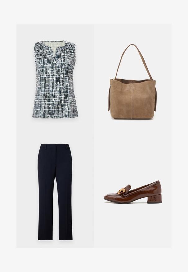 Débardeur sans manches en marine et crème avec un motif à grille texturé. Présente un décolleté en V et des détails froncés aux épaules.; Pantalons ajustés bleu marine avec une coupe droite, confectionnés dans un tissu lisse. Dotés de passants de ceinture, de poches avant et d'une taille épurée.; Mocassins en cuir marron avec une finition brillante, dotés d'une boucle décorative en or à l'avant et d'un talon bas. Design classique.; Sac fourre-tout en daim marron avec une texture douce, une ouverture en haut et une seule sangle pour l'épaule. Présente une finition lisse et un design minimaliste.