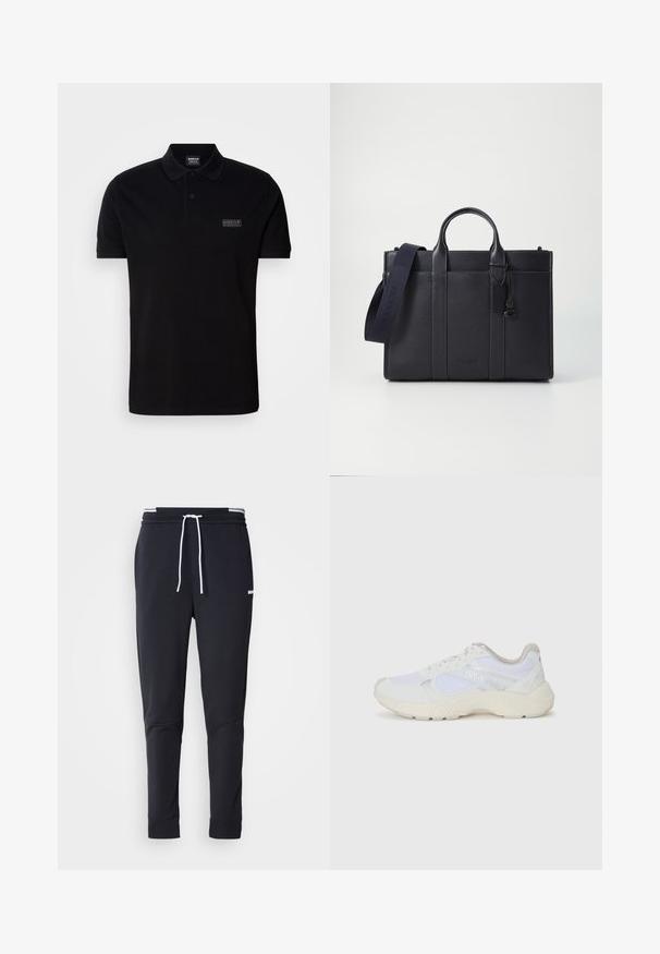 Must värvi polo särk, mis on valmistatud puuvillast, kaasas krae, kaks nuppu, lühikesed varrukad ja väike bränditud silt rinnal.; Mustad must-fit spordipüksid valge paelaga, elastse vöökohtaga valgete triipudega ja väikese valge logoga ülemisel reiel.; Valged sportlikud jalanõud, mis on valmistatud võrkkangast ja seemisnahast, sisaldavad tekstureeritud vahetald, tekstureeritud aktsentide ning küljes oleva "HUGO" logo.; Tumedat mere nahkbriefcase kahekordsete ülemiste käepidemetega ja eemaldatava rihmaga. Omab tekstureeritud viimistlust, vertikaalset õmblust ja logodetaili.
