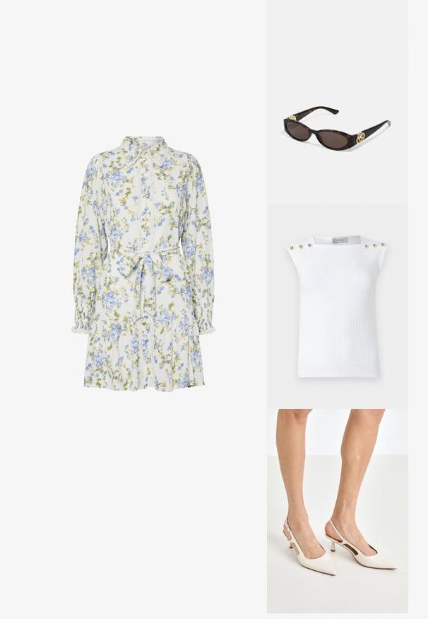 Witte ribbeltrui zonder mouwen met drie gouden ronde knopen op de linkerschouder. Gemaakt van een zachte stof met een getailleerd ontwerp.; Bloemendress in het wit met blauwe en groene bloemen, voorzien van een kraag, knoopsluiting aan de voorkant, lange mouwen met elastische manchetten en een tailleband.; Beige gepatineerde leren slingback hakken met een spitze neus en een hak van 5 cm, met uitsparingen aan de zijkanten en een dunne enkelband.; Schildpadbril met langwerpige ovale lenzen, bruine tint, gouden logo-accenten op de pootjes en slanke zwarte armen.; Beige handtas met een patroon en een gebogen vorm, leren accenten en een goudkleurig logo aan de voorkant. Beschikt over een kort handvat voor gemakkelijk dragen.; Parel- en kristallen ketting met een ronde, gehaakte ontwerp in lichte tinten, met afwisselend parels en sprankelende accenten, gedragen om de hals.