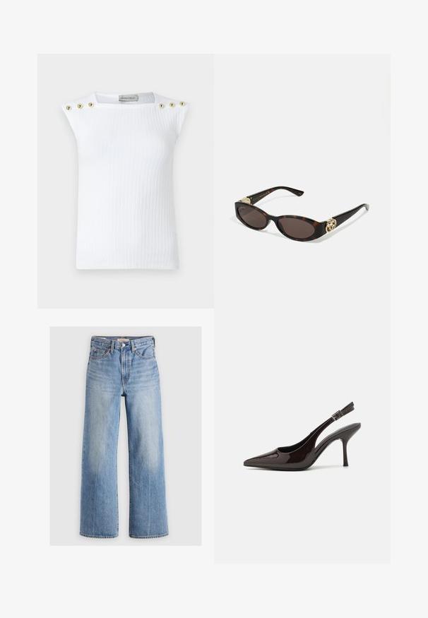 Bílý žebrovaný bezrukávový top s třemi zlatými kulatými knoflíky na levém rameni. Vyrobeno z hladké tkaniny s přiléhavým střihem.; Světle modré džínové široké nohavice s vysokým pasem, vybledlými oblastmi, pěti kapsami a kontrastním prošitím. Klasické zapínání na knoflík a zip.; Slingback lodičky na vysokém podpatku z lesklé tmavě hnědé lakované kůže, s špičatou špičkou, otevřenými stranami a nastavitelným páskem kolem kotníku.; Brýle sluneční s kočičím vzorem, prodloužené oválné čočky, hnědý odstín, zlaté logo na spáncích a elegantní černé nožičky.; Náušnice ve tvaru zlatočerného víru s průhledným záznamem, obsahující texturované zlaté akcenty a malé průhledné drahokamy zabudované v designu.