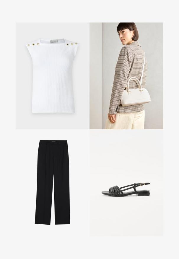 Baltā ribota bezpiedurkņu blūze ar trim zelta apaļiem pogām uz kreisā pleca. Izgatavota no gludas auduma ar pieguļošu fasonu.; Melni bikses ar taisnu kāju dizainu, kurām ir divi priekšējie kabatas un jostasvieta. Izgatavotas no gludas, vieglas auduma.; Melnas plakanas sandalēs ar jostu dizainu, kas ietver vairākas ādas jostas un šauru potītes sprādzi. Zole ir plakana un taisnstūrveida.; Balta strukturēta roku soma ar īsām rokturiem un plecu siksnu, ar zelta aparatūras akcentiem un strukturētu materiālu, izstādīta uz pelēka fona.