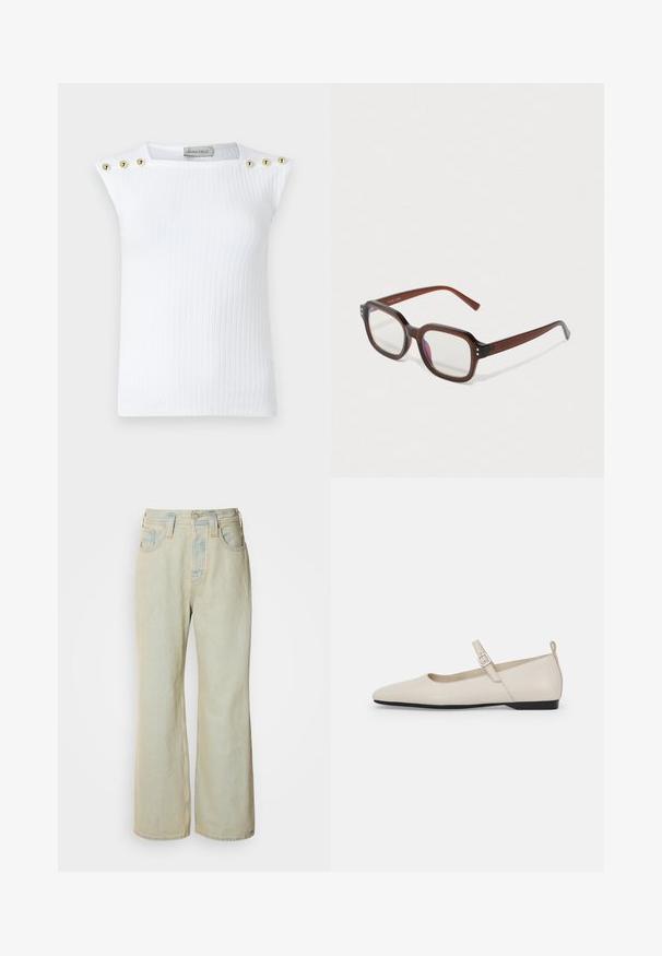 Bílý žebrovaný bezrukávový top s třemi zlatými kulatými knoflíky na levém rameni. Vyrobeno z hladké tkaniny s přiléhavým střihem.; Světle modré džínové kalhoty s širokým střihem, vyrobené z denimu, s vysokým pasem, pěti kapsami a jemným vyšisováním s kontrastním prošíváním.; Bílé kožené baleríny Mary Jane s špičatou špičkou, postranním sponou a nízkým černým podpatkem. Hladká textura a minimalistický design.; Hnědé průhledné obdélníkové brýle s čirými skly, mírným fialovým odrazem a malými zlatými dekorativními tečkami na předních rozích.