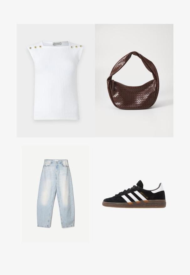 Top bianco a coste senza maniche con tre bottoni rotondi dorati sulla spalla sinistra. Realizzato in un tessuto liscio con un design aderente.; Jeans in denim azzurro chiaro con una vestibilità ampia, caratterizzati da una finitura sbiadita, due tasche frontali e una chiusura con bottone in vita.; Sneaker Adidas nere con strisce bianche, testo "Spezial" dorato, suola in gomma e tab sul tallone bianco, mostrato in veduta laterale.; Borsa in pelle intrecciata marrone con manico curvo annodato e chiusura con zip. Texture liscia e forma arrotondata.