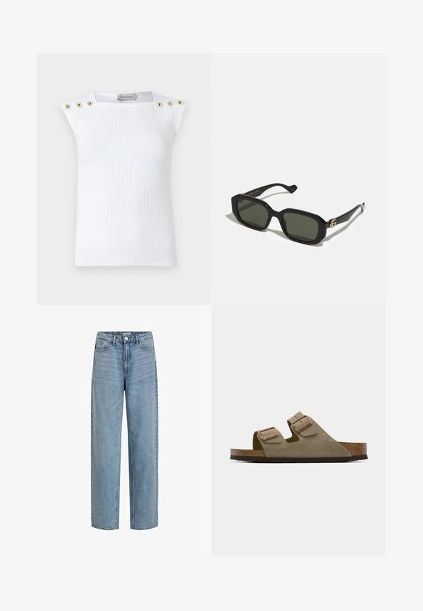 Bela rebrasta brezrokavna majica z tremi zlatimi krožnimi gumbi na levi rami. Narejena je iz gladkega materiala in ima prilegajoč dizajn.; Svijetloplave visokotalne traperice izrađene od denima. Imaju ravne nogavice, dizajn s pet džepova i prednje zatvaranje na dugme.; Svetlo taupe nubuk sandala z dvema nastavljivima trakama in rožnatim zlatim okovjem. Pluta v notranjosti na teksturiranem rjavem podplatu. Oblika z odprtim prstom.; Črne pravokotne sončna očala s trdimi zelenimi lečami, ki imajo sijajen zaključek in zlati logotip na strani.