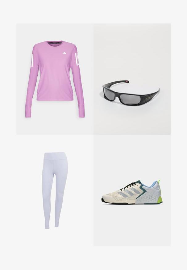 adidas Performance - Bluzka z długim rękawem; Jasnofioletowe legginsy wykonane z rozciągliwego materiału. Wysoki stan z gładką teksturą i bez widocznych szwów czy wzorów.; Lekkie buty sportowe z kremową siateczką, szarymi paskami, zielonym akcentem i teksturowanym niebieskim zapiętkiem. Czarne sznurówki.; Czarne okulary przeciwsłoneczne Oakley z zakrzywionymi ramionami i ciemnymi prostokątnymi soczewkami na białym tle.