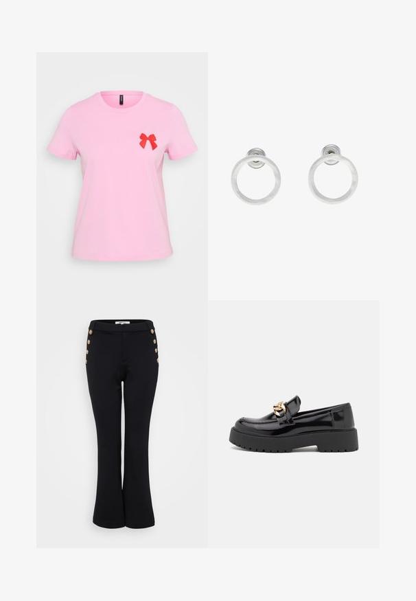 Roosa puuvillane T-särk ümmarguse kaelusega, lühikeste varrukatega ja punase kangast lipsu aplikaadiga vasakul rinnal. Pehme tekstuur, juhuslik disain.; Mustad laiad püksid, mis on valmistatud siidiselt siledast kangast, millel on kuldsed nupud vöökoha ääres detaile lisamas ja istuv siluett.; Mustad musta läikiva nahaga loaferid, millel on jäme must tald ja kuldsed detailid. Sujuv tekstuur ja ümar varvaste disain.; Hõbedased metallist rõngastooted, millel on harjatud tekstuur, ümmargune disain ja selge tagumine post, tagamaks kindlat kandmist.