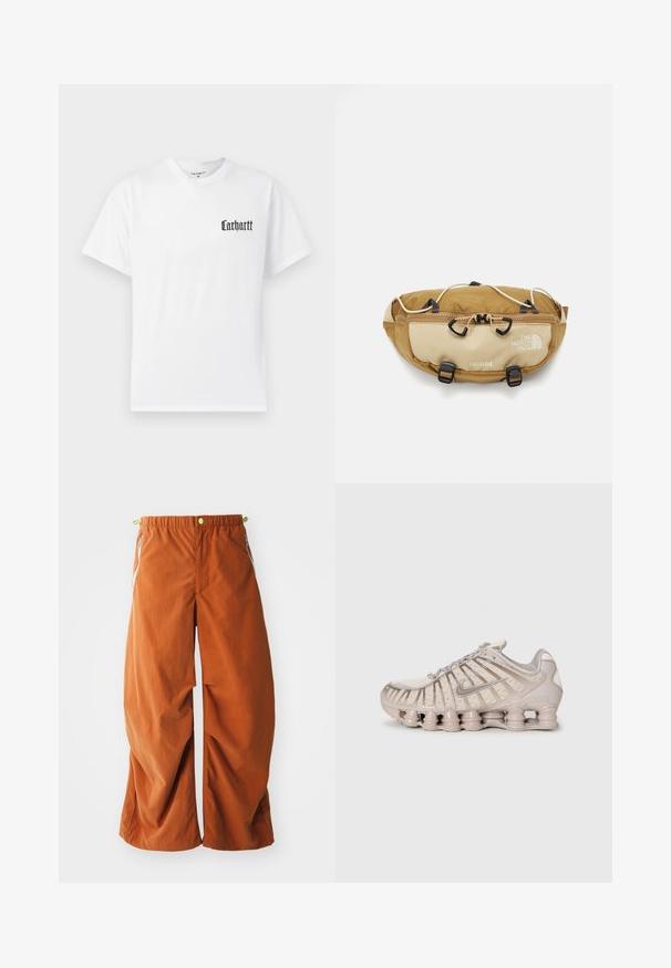 T-shirt branca de algodão com mangas curtas, apresentando um logótipo preto "Carhartt" na área do peito esquerdo em uma fonte estilizada.; Calças largas laranja com uma cintura elástica, bolsos laterais com fecho e um tecido solto e texturizado, desenhadas para conforto e mobilidade.; Shoe desportivo de tom bege claro com parte superior em malha, design estruturado e sola almofadada distinta com secções cilíndricas.; The North Face TERRA LUMBAR 3L UNISEX - Bolsa de cintura - utility brown/khaki stone