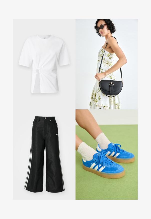 Tricou alb din bumbac, cu mâneci scurte, având un detaliu central plisat cu o decupare circulară și accente metalice la talie.; Pantaloni din denim negri, cu croi evazat, având trei dungi albastre pe fiecare parte și un mic logo alb. Dispune de buzunare frontale și închidere cu buton.; Tenisi albaștri din suede cu dungi albe, talpă din cauciuc, vârf rotund și șireturi din material. Asortați cu șosete crem pe o suprafață verde.; Geantă din piele neagră, cu o formă curbată, curea detașabilă și accesorii aurii. Geanta are un capac cu un detaliu tip cataramă.