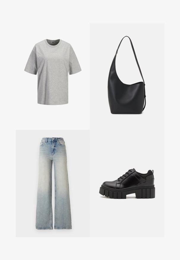 Siva bombažna majica s kratkimi rokavi, okroglo izrezana, z majhnim belim logotipom "JJXX STUDIO" na sprednji strani, gladka tekstura.; Svijetloplave široke traperice s visokim strukom, koje imaju pet džepova i vidljivo šivanje uz šavove.; Črne usnjene platforme z debelim blokastim petam, okroglo konico in klasičnim vezanjem. Imajo gladko teksturo in minimalne podrobnosti.; Črna usnjena hobo torba z gladko teksturo, ukrivljeno obliko in eno nastavljivo naramnico; ima širok odprtina na vrhu.