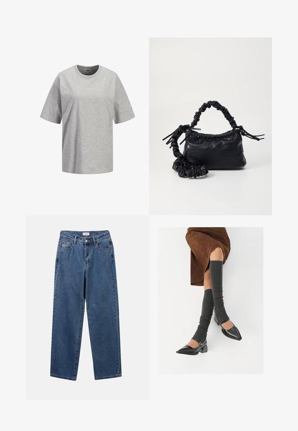 Siva bombažna majica s kratkimi rokavi, okroglo izrezana, z majhnim belim logotipom "JJXX STUDIO" na sprednji strani, gladka tekstura.; Klasične modre jeans hlače s ravnim krojem, petimi žepi in gumbom za zapiranje. Imajo srednje pranje in trdno teksturo.; Črne lakirane čevlje s pointy prsti in blok peto ter z naramnicami za gleženj, ki jih kombiniramo s sivimi rebrastimi nogavicami in rjavim suknjičem iz usnja.; Črna torbica iz umetnega usnja s krokodilovo teksturo, z zvitim vrhom in zmečkano naramico. Zdi se mehka in kompaktna v oblikovanju.
