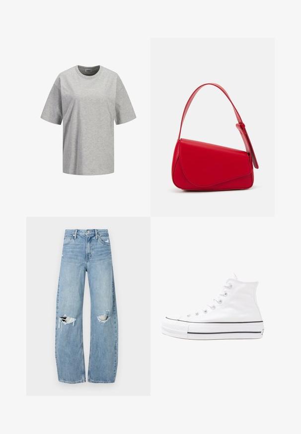Szürke pamut póló rövid ujjakkal, kerek nyakkivágással és egy kicsi fehér logó felirattal "JJXX STUDIO" az elején, sima textúrával.; Világoskék, magas derekú farmernadrág. Széles lábakkal, két szakadt térddel és klasszikus öt zsebes dizájnnal rendelkezik.; Fehér magaskorsó vászon sportcipő fekete gumi talppal, elülső gumi orrnyereggel és hat fűzőlyukkal, letisztult, minimalista dizájnnal.; Piros bőr kézitáska szögletes, geometrikus kialakítással. Egy állítható pánttal és varrott részletekkel ellátott fedélzárral rendelkezik.