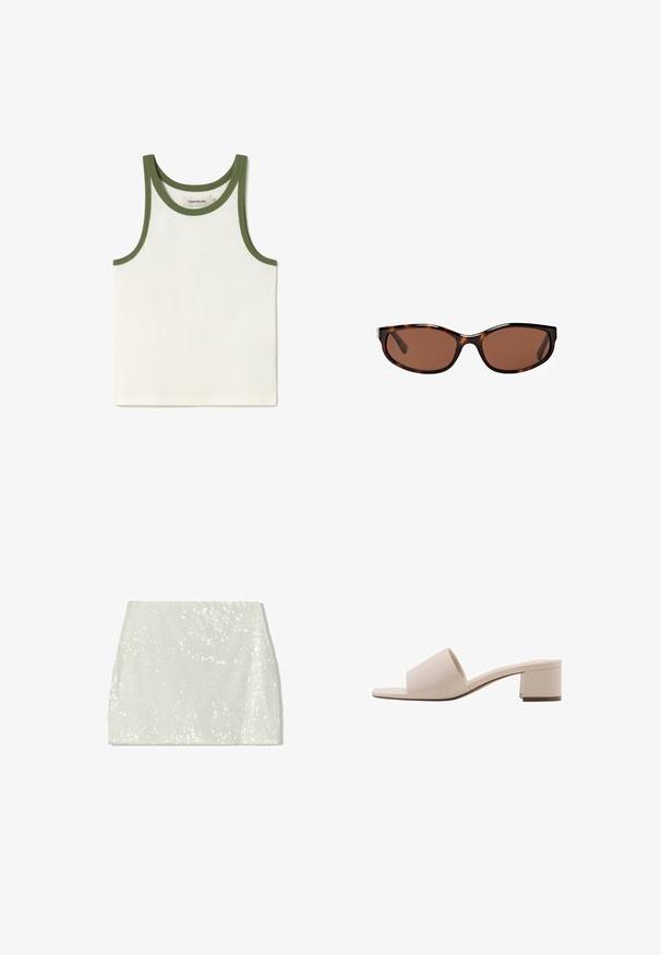 Witte geribbelde tanktop met groene bies rond de halslijn en armopeningen. Etiket zichtbaar aan de binnenkant. Eenvoudig, slank ontwerp, geschikt voor lagen.; Bershka A-lijn rok - white; Beige blockhaksandal met een brede band en open teen. Gladde stof en strakke uitstraling. Korte, stevige hak voor stabiliteit.; Schildpad zonnebril met bruine lenzen, slank ovaal ontwerp en glanzende afwerking. Bevat subtiele zilveren accenten op de monturen.; Beaded handtas met levendige kleuren: roze, oranje, blauw en bruin. Getextureerd oppervlak met ronde kralen en organische vormen, stevige handvatten.
