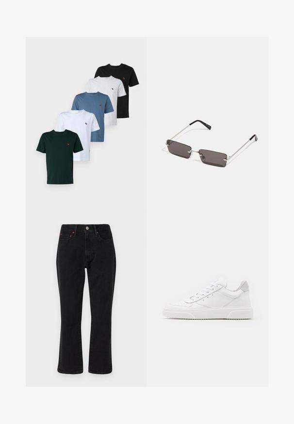 Abercrombie & Fitch 5-Pack Signature Icon Tees - Basic T-shirt - black/scarab/blue/white; Black denim jeans featuring a straight leg design, five-pocket style, and metal hardware with copper accents. Smooth texture and medium rise.; White leather sneakers with a smooth finish, rounded toe, flat laces, and a textured sole. Grey suede accent at the heel.; Sunglasses with rectangular, dark grey lenses, silver metal frames, and black plastic tips on the arms. Lightweight design with nose pads.