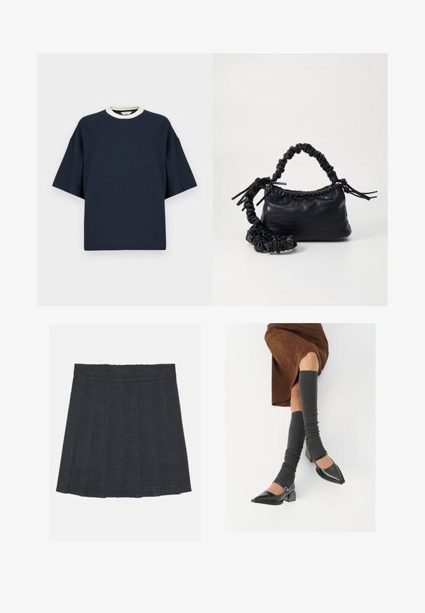 T-shirt oversized azul-marinho com um decote canelado creme em contraste. Mangas curtas e um corte relaxado. Feito de um tecido de algodão suave.; Saia pregueada cinza escuro com cintura elástica, apresentando um tecido texturizado e uma silhueta clássica em A. Adequada para uso casual.; Sapatos pretos de pele lacada com biqueira pontuda, salto bloco e tiras no tornozelo, combinados com caneleiras cinzas em malha e uma saia de camurça castanha.; Bolsa de mão em couro sintético preto com textura de crocodilo, topo franzido e alça enrugada. Apresenta um design suave e compacto.