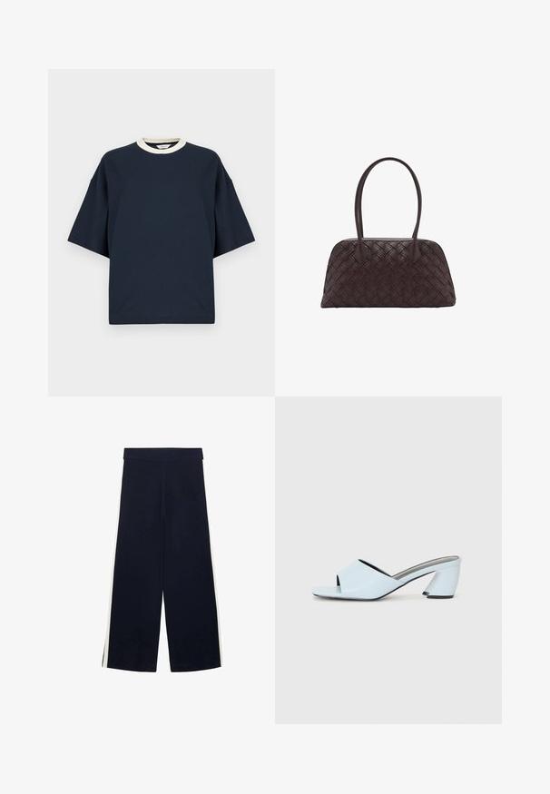 Laivastonsininen ylisuuri t-paita, jossa on kontrastivärinen kerma valkoinen ribbaus kauluksessa. Lyhyet hihat ja rento malli. Valmistettu pehmeästä puuvillakankaasta.; Tummansinisiä leveälahkeisia housuja, joissa on korkea vyötärö ja valkoiset sivunauhat, asetettuna litteäksi valkoisen taustan päälle.; Vaaleansiniset avointoimiset koroketossut, joissa on geometrista muotoilua, leveä remmi jalan yli ja paksu, kulmikas korko.; Kudotusta ruskeasta nahasta valmistettu käsilaukku, jossa on pyöreä muoto, kaksinkertaiset yläkahvat ja sileä pinta; sisältää hienovaraisia ompelukuvioita suunnittelun yksityiskohtana.