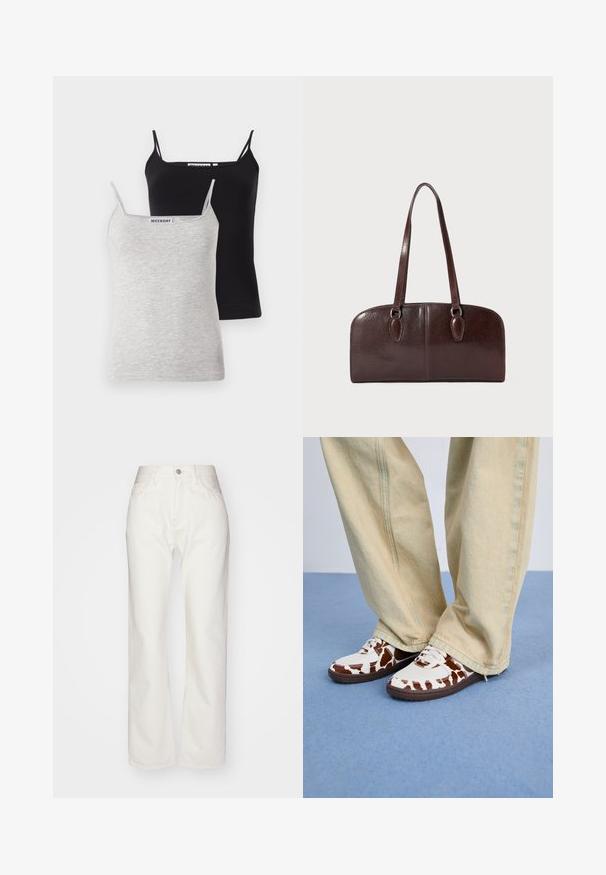 Dos camisetas sin mangas: una negra y una gris claro, hechas de algodón suave. Cada una tiene tirantes finos y un escote redondeado, con un diseño sencillo.; Pantalones de mezclilla blanca con una alta cintura y un ajuste de pierna ancha. Presenta un cierre de botón y cremallera, presillas para cinturón y detalles de costura sutil.; Zapatillas blancas y marrones con un diseño a rayas, hechas de malla y cuero, con suelas de goma marrón. Combinadas con pantalones anchos de un beige claro.; Bolso de piel marrón con dos asas largas, forma rectangular estructurada, textura suave y bordes redondeados. Presenta detalles de acentuación en las asas.