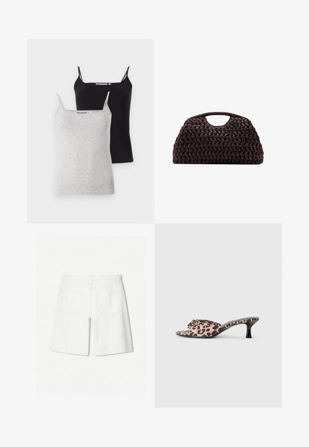 Due top interni: uno nero e uno grigio chiaro, realizzati in morbido cotone. Ognuno ha spalline sottili e un collo a barchetta, con un design semplice.; Shorts in denim bianco con un design a taglio dritto, caratterizzati da una vita alta, due tasche posteriori e una leggera rifinitura con cuciture.; Mule con stampa leopardata e tacco a stiletto nero basso. Parte superiore in tessuto morbido con dettaglio a nodo anteriormente e suola piatta e liscia.; Borsa a tracolla intrecciata marrone con silhouette arrotondata, dotata di manico superiore e superficie testurizzata. Design compatto con base piatta per maggiore stabilità.