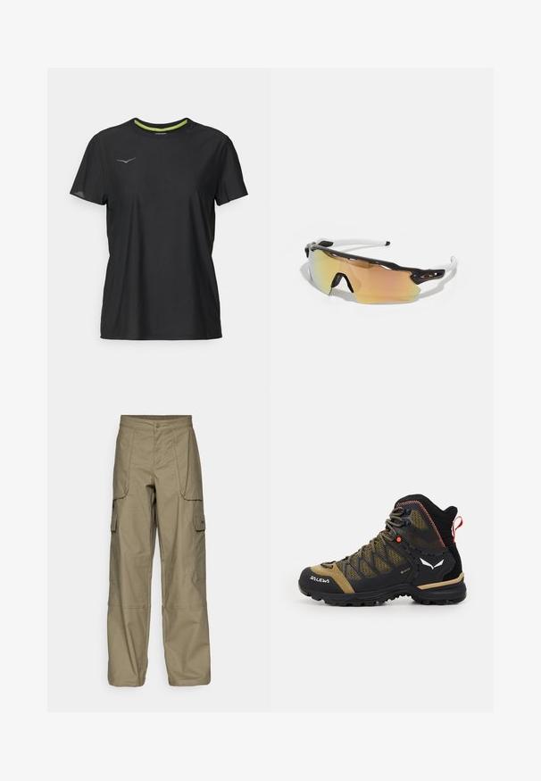 Svart kortermet treningstrøye med rund hals, fukttransporterende stoff og reflekterende logo på venstre bryst.; Cargo bukser i olivengrønt stof, med en løs pasform, flere sidelommer og en knaplukning i taljen. Glat tekstur.; Mellomhøy fjellstøvler i svart og olivengrønn, med nettingoverdel, gummisåle og teksturerte detaljer samt en baksleppe.; Solbriller med svart og hvit ramme, store speil-linser i gull- og rosa nyanser, aerodynamisk design og utvidet ytterkant.