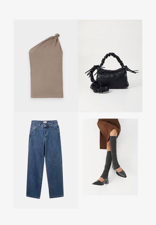 Top assimétrico castanho feito de tecido suave, apresentando um detalhe de ombro com nó, com uma textura suave e um design de uma manga.; Jeans de denim azul clássicos com um design de perna reta, cinco bolsos e fecho de botão. Apresenta um tratamento médio e uma textura resistente.; Sapatos pretos de pele lacada com biqueira pontuda, salto bloco e tiras no tornozelo, combinados com caneleiras cinzas em malha e uma saia de camurça castanha.; Bolsa de mão em couro sintético preto com textura de crocodilo, topo franzido e alça enrugada. Apresenta um design suave e compacto.