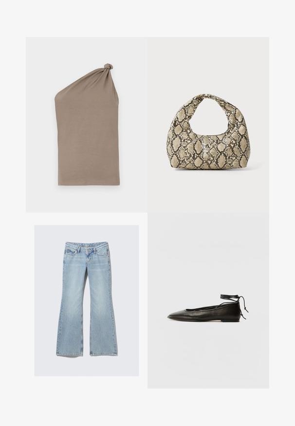 Asümmeetriline pruun topp, mis on valmistatud pehmest kangast, millel on sõlmega õlavarre detail sujuva tekstuuri ja ühe varrukaga disainiga.; Weekday NOVA - Liibuvad teksad - lip blue; Must mustast balletijalatsid, millel on terav nina, pahkluu seotud ja lame tall, sujuva tekstuuri ning minimalistlik disain.; Musta käärmeprindiga kott kõveraga käepidemega. Valmistatud tekstiilsetest, beežidest ja pruunidest materjalidest, millel on iseloomulik rombikujuline muster.