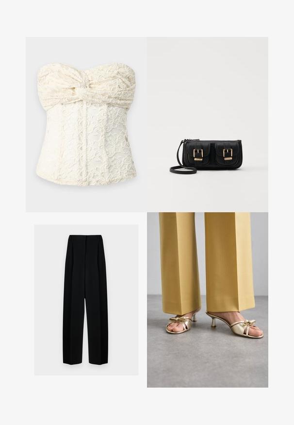 ROKH TWISTED CORSET - Top - ivory; Schwarze weit geschnittene Hosen mit hoher Taille, die Falten und eine glatte Textur aufweisen. Der Stoff wirkt leicht und fällt elegant.; Stuart Weitzman FELICITY BOW SLIDE - Pantolette hoch - platino; Schwarze Leder-Umhängetasche mit zwei vorderen Taschen, goldenen Schnallen, Reißverschluss und einem schmalen Tragegurt. Texturierte Oberfläche und kompakte rechteckige Form.