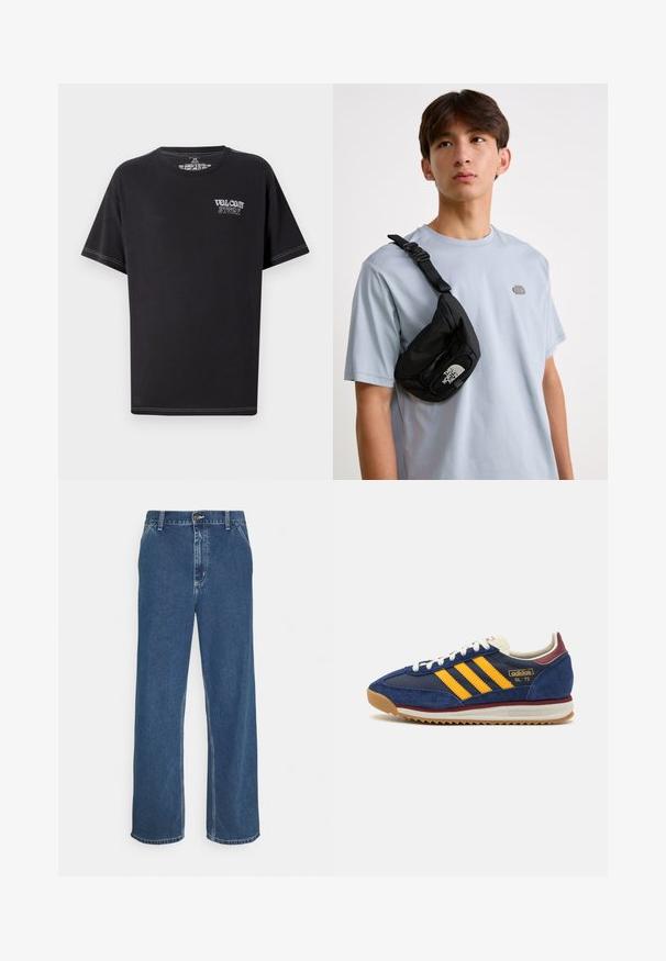 Svart t-skjorte laget av bomull, med rund hals, korte ermer og hvit kontrastsøm. Fronten viser "VOLCOM STORE" i lys skrift.; Blå denimjeans med rett snitt, fem-lomme design, metallknapp-lukking og synlig søm langs sømmer og kant.; Marineblå suede sneakers med gule striper, hvite lisser og burgunder detaljer. Teksturert såle med spor for grep. Merkevarenlogo på siden.; Svart nylon crossover-bag med justerbar stropp, med en fremtredende hvit logo. Bært over en lyseblå t-skjorte. Enkelt, funksjonelt design.