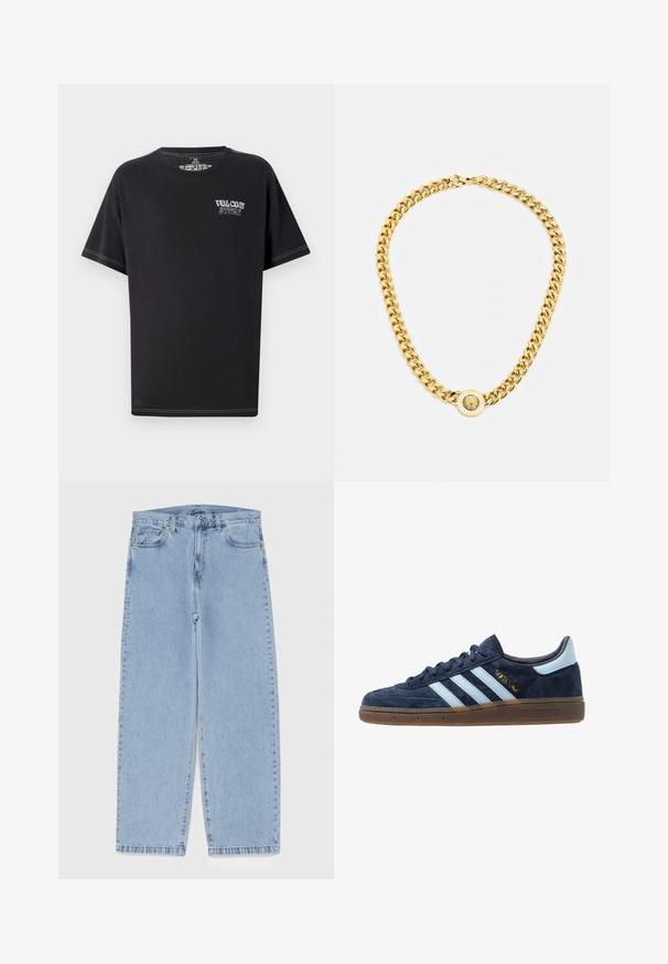 Sort t-shirt lavet af bomuld, med rund halsudskæring, korte ærmer og hvid kontrastsyning. Foran står "VOLCOM STORE" i lys skrift.; Lyseblå denimjeans med straight leg-design, der har en mid-rise talje, fem lommer og en lukning med knap og lynlås.; Navyblå ruskinds Adidas sneakers med lyseblå striber, gummisål, lyseblå hælflap og guld "Spezial" branding på siden.; Guldkæde med store sammenflettede led, der har en cirkulær vedhængdetalje i midten med et forhøjet emblem.