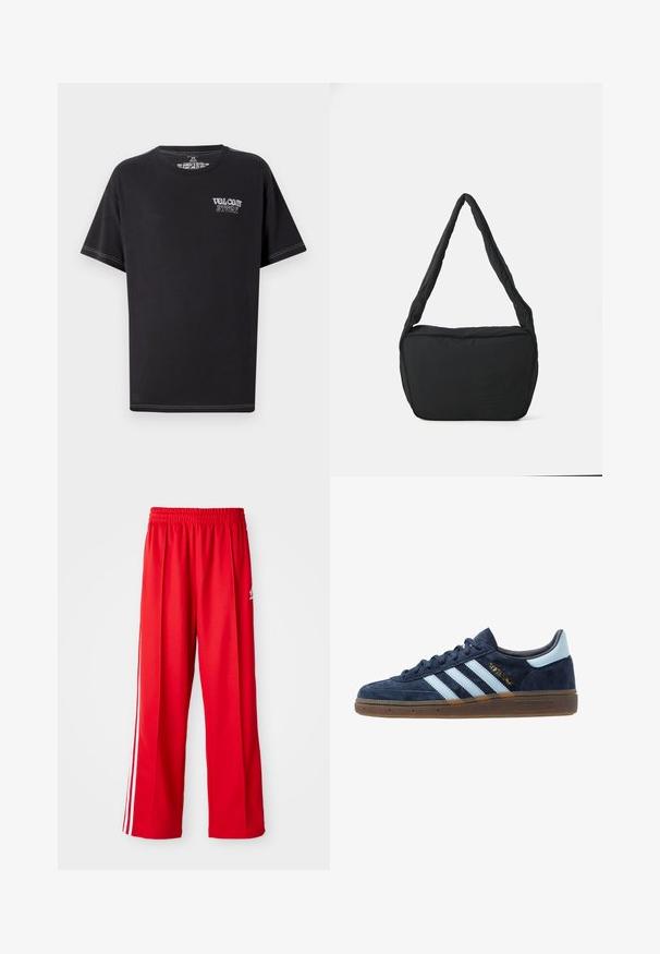 Μαύρο μπλουζάκι φτιαγμένο από βαμβάκι, με στρογγυλή λαιμόκοψη, κοντά μανίκια και λευκή αντίθεση ραφής. Στο μπροστινό μέρος απεικονίζεται η φράση "VOLCOM STORE" σε ανοιχτόχρωμα γράμματα.; Κόκκινες αθλητικές παντελόνες από ελαφρύ ύφασμα, με ελαστική μέση, δύο λευκές πλευρικές ρίγες και ένα μικρό λογότυπο στο γοφό.; Ναυτικό μπλε σουέτ αθλητικά παπούτσια Adidas με ανοιχτό μπλε ρίγες, καουτσούκ σόλα, ανοιχτό μπλε ταμπόν στη φτέρνα και χρυσό λογότυπο "Spezial" στο πλάι.; Μαύρη τσάντα ώμου με μαλακή υφή, στρογγυλή μορφή και φαρδύ λουρί, που διαθέτει ανάγλυφο λογότυπο στο μπροστινό μέρος.