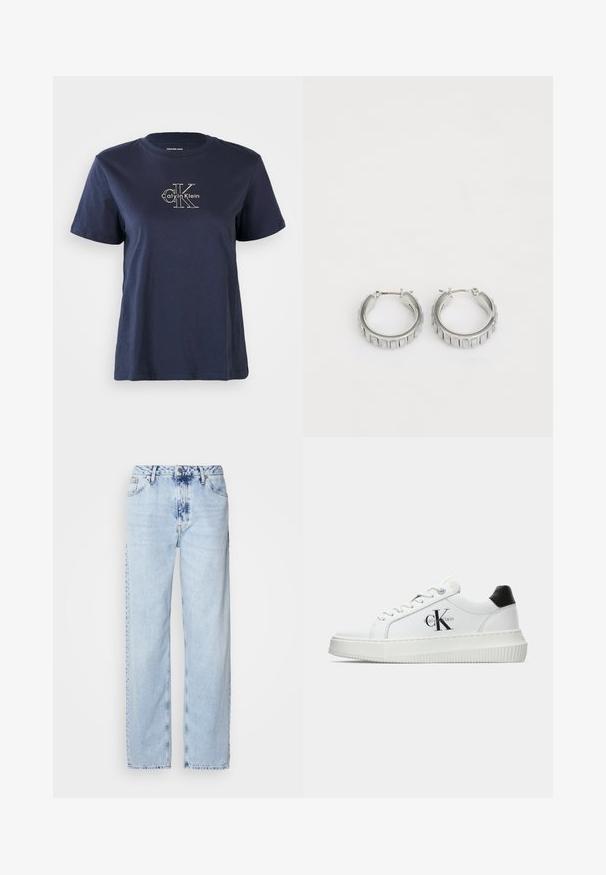 T-shirt de algodão azul-marinho com mangas curtas, apresentando um pequeno logótipo branco "Calvin Klein" no centro da frente. Decote redondo, ajuste casual.; Calças em ganga de perna larga de tom azul claro, com cintura alta, lavagem desbotada e um discreto padrão tie-dye na parte da frente.; Sapatilhas brancas de cano baixo com aba preta no calcanhar, sola tipo plataforma, cordões e logo "CK" da Calvin Klein na lateral.; Brincos em argola prateados com um design texturizado que apresenta sulcos verticais. Forma circular com um fecho de segurança. Acabamento suave.