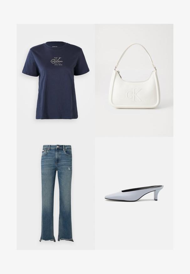 Marineblå bomull t-skjorte med korte ermer, med en liten hvit "Calvin Klein" logo på midten foran. Rund hals, avslappet passform.; Blå denimjeans med lett slitasje, rå frynsete kanter, frontlommer, beltestropper og knappelukking.; Lys blå patentlær mule med spiss tå, lav gjennomsiktig hæl og en elegant design med utskjæring på vampen.; Hvit lærveske med en buet fasong, med et preget "CK"-logo på forsiden og en enkel skulderstropp. Glidelåslukking på toppen.