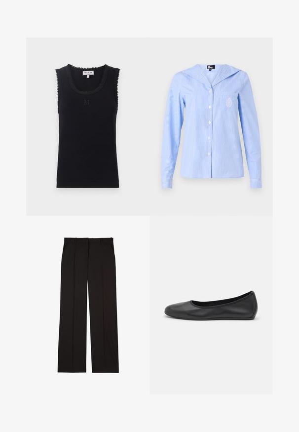 Black ribbed tank top with a round neckline, scalloped edges, and subtle "PJ" embroidery at the center. Made from soft fabric.; Light blue striped shirt with a sailor collar, long sleeves, front buttons, and a pocket featuring an embroidered detail.; Black tailored trousers made of a smooth fabric, featuring a straight-leg design, and two side pockets. Elegant and minimalistic construction.; Black leather ballet flat with a rounded toe, smooth texture, minimal stitching detail, and a flexible sole design.