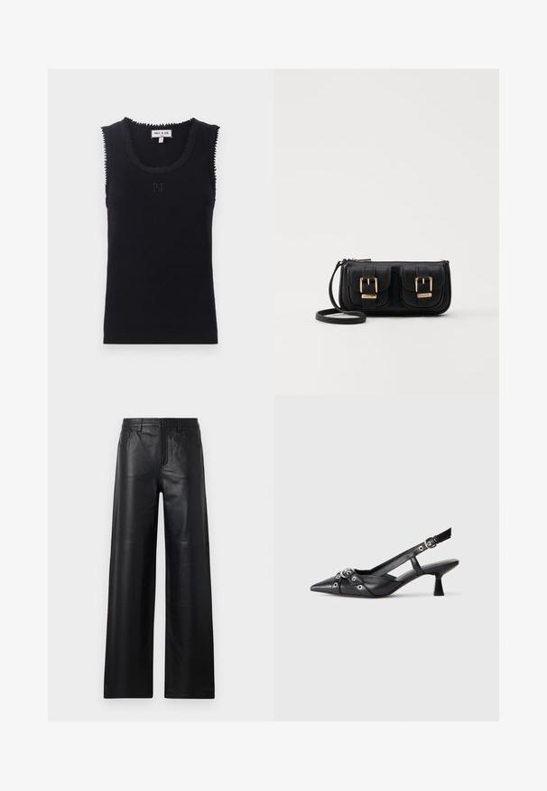 Juoda raištinė marskinė su apvaliu iškirpimu, banguotais kraštais ir subtiliu "PJ" siuvinėjimu centre. Pagaminta iš minkštos medžiagos.; Plačios kelnės iš juodos odos su lygiu paviršiumi, turinčios priekinės kišenes, mygtuko užsegimą ir subtilius siuvinėjimo akcentus.; Juodas odinis slingback tipo batai su smailiu priekiniu atvartu, dekoratyvinėmis sagtimis su metaliniais akyčiais ir žemu blokiniu kulnu. Saldus paviršius.; Juodas odinis per petį nešiojamas krepšys su dviem priekiniais kišenėmis, auksiniais sagtimis, užtrauktuko uždarymu ir siauromis petnešomis. Textūruota paviršius ir kompaktiškas stačiakampis formatas.