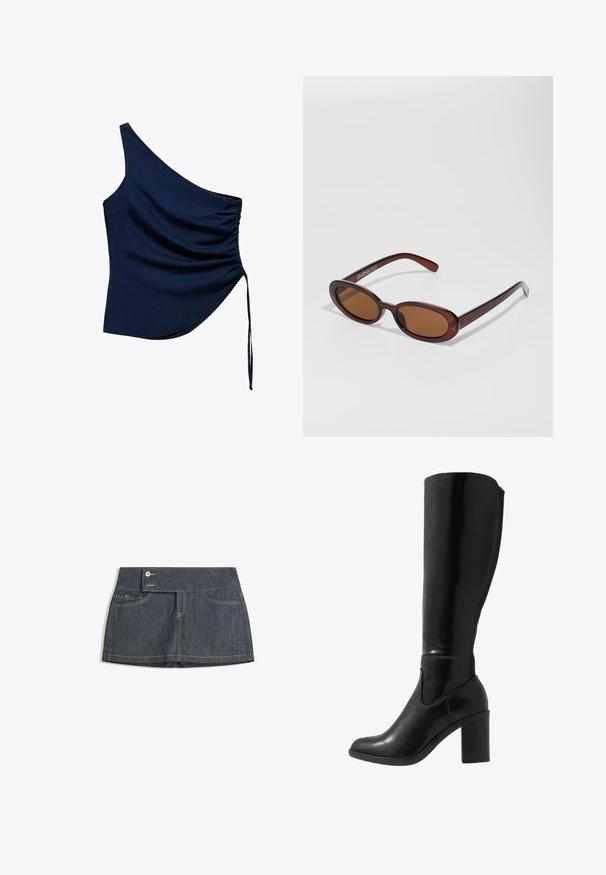 Navyblaues, einseitig tragbares Oberteil mit gerafftem Seitenbereich, ausgestattet mit einem Kordelzug und einem asymmetrischen Saum. Hergestellt aus einem glatten Stoff.; Dunkelblauer Denim-Rock mit hohem Bund, ausgestattet mit zwei Vordertaschen, einem Knopfverschluss und kontrastierendem Nähen entlang der Kanten.; Knöchelhöhe schwarze, glänzende Stiefel mit hohen Absätzen, runder Zehenform, glatter Textur, seitlichen Aussparungen und einem kräftigen Blockabsatz.; Runde, braun getönte Sonnenbrillen mit einem glänzenden burgunderfarbenen Rahmen. Schlanke Bügel mit dezentem Branding. Flaches Linsendesign.; Braune Ledertasche mit geschwungener Form, silbernen Beschlägen und zwei Reißverschlusstaschen auf der Vorderseite. Verstellbarer Schultergurt ist enthalten.