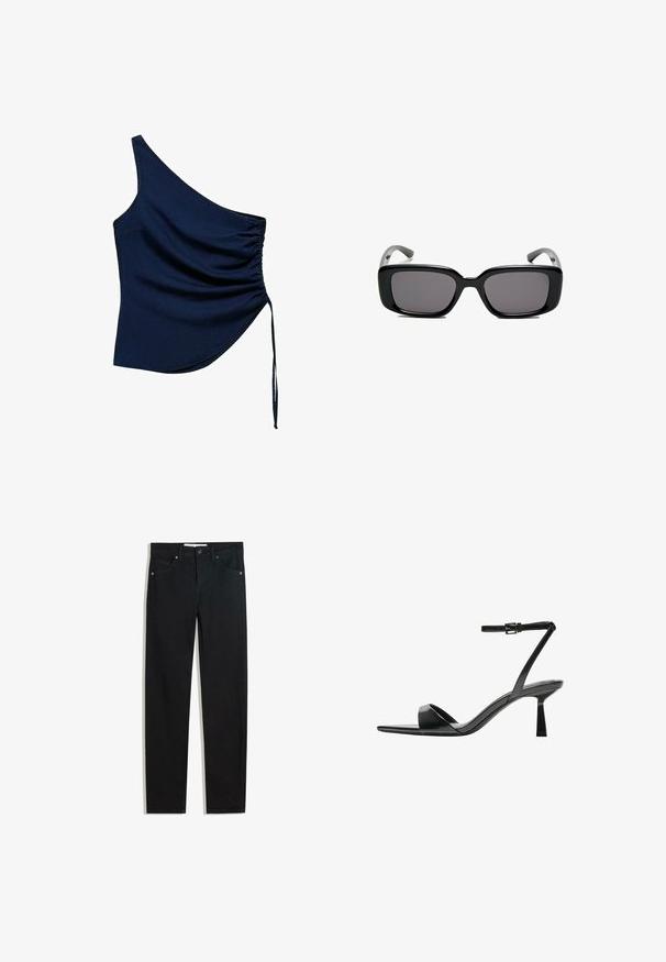 Tummansininen, yhdellä olkapäällä oleva paita, jossa on kerätty sivuosa, nauhakiinnitys ja epäsymmetrinen helma. Valmistettu sileästä kankaasta.; Mustat farkut suoralla lahkeella, viisi taskua, metallinapit kiinnityksessä ja hienovaraisia ompeluyksityiskohtia. Sileä pinta.; Bershka Korolliset sandaalit - black; Mustat suorakulmaiset aurinkolasit tummilla linsseillä, sileä muovikehys ja kaarevat templet. Suunnittelu on jykevä ja minimalistinen.