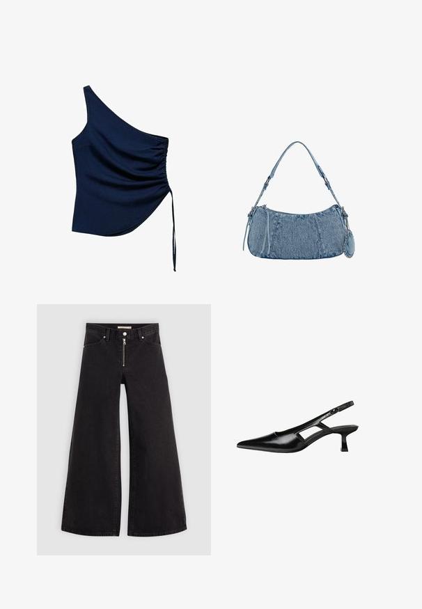 Námořnická modrá top s jedním ramenem, se stažením na boku, který má šňůrku na utažení a asymetrický lem. Vyrobeno z hladkého materiálu.; Džíny s širokými nohavicemi v černém denimovém provedení se zipem vpředu, pěti kapsami a jemnými švy. Hladká textura a ležérní styl.; Černé lakované lodičky na podpatku se špičatou špičkou, výřezovým designem na boku a malým čtvercovým podpatkem. Hladká textura s minimálními akcenty.; Džínová kabelka s zakřiveným tvarem, světle modré barvy, nastavitelným ramenním popruhem a malou odnímatelnou kapsičkou s metalickými akcenty.