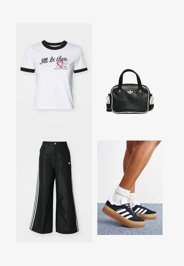 Weißes Baumwoll-T-Shirt mit schwarzem geripptem Kragen und Bündchen. Mit dem Text "Ich werde da sein" und einem grafischen Design mit einer Harfe.; Schwarze, weit geschnittene Jeans mit drei weißen Streifen an jeder Seite und einem kleinen weißen Logo. Mit vorderen Taschen und einem Knopfverschluss.; Schwarze Wildledersneaker mit weißen Streifen und Akzenten, rundlicher Zehenbereich, Sohlen aus braunem Gummi, kombiniert mit weißen, gerippten Sneakersocken.; Schwarze Lederhandtasche mit zwei kurzen Griffen, silbernem Zubehör, weißen Akzenten und einem weißen Logo. Verfügt über eine strukturierte Oberfläche und ein kompaktes Design.