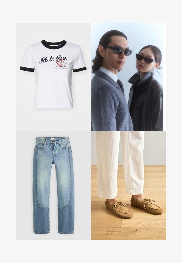 White cotton t-shirt with black ribbed collar and cuffs. Features text "I'll be there" and a graphic design with a harp.; Light blue denim jeans with a straight, loose fit, featuring contrasting panel details and a five-pocket design. Button fly closure.; Brown suede boat shoes with laces, featuring a rounded toe and stitched accents. Worn with white corduroy pants in a wooden setting.; Sunglasses with angular black frames on model with a gray sweater, showcasing textured knit and a black leather jacket worn by another model.