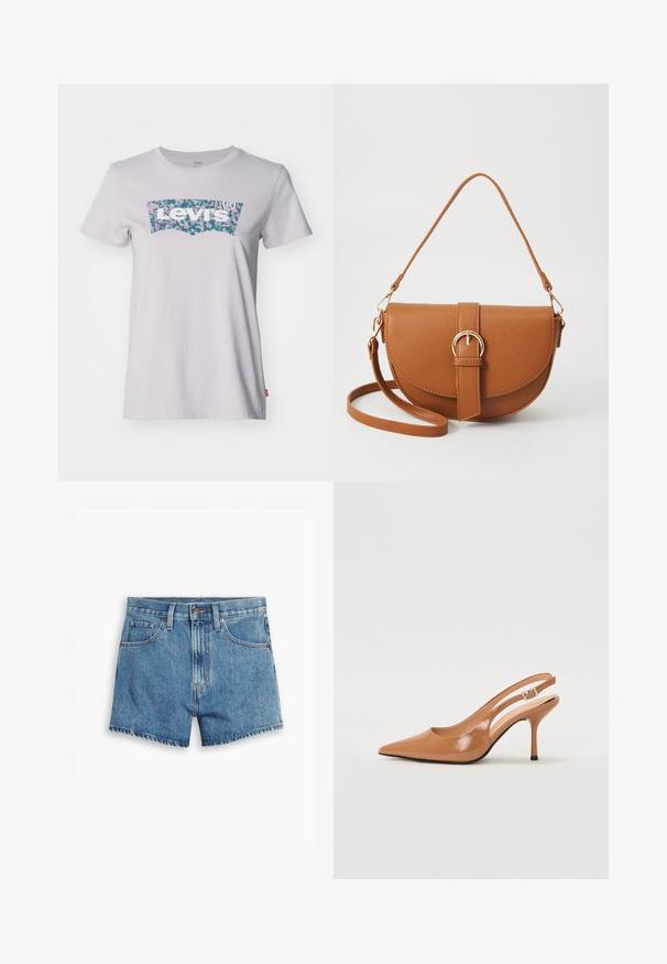 Levi's® Print T-shirt - lavender blue; Denim shorts in light blue, featuring five pockets, a zip fly, and a button closure. The hem is frayed with a relaxed fit design.; Pointed toe slingback heel in a smooth, glossy tan material. Features a curved cutout design and a slender stiletto heel. Silver buckle detail.; Brown leather crossbody bag with a curved shape, gold hardware, and a buckle accent. Features a detachable shoulder strap.