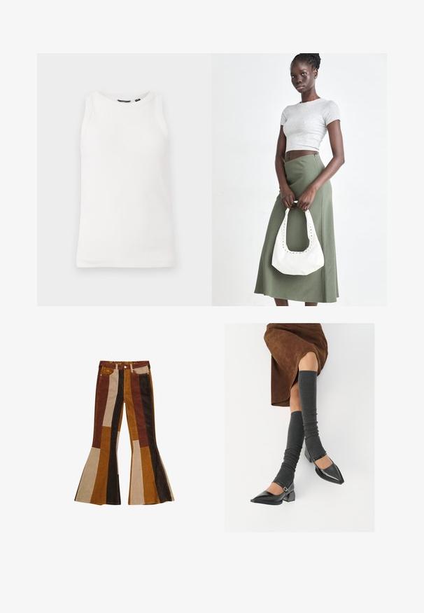 Weißes Rippentop mit Rundhalsausschnitt und ärmellosem Design. Glatte Textur und figurbetonte Silhouette, ideal zum Schichten.; Bügelfaltenhosen aus Cord mit vertikalen Streifen in Braun, Beige und Senf. Auffälliges Design mit hoher Taille und fünf Taschen.; Schwarze lacklederne spitze Schuhe mit Blockabsatz und Knöchelriemen, kombiniert mit grauen gerippten Beinstulpen und einem braunen Wildlederrock.; Grauer gerippter Croptop und olivgrüner Rock mit hoher Taille. Das Modell hält eine weiße Schultertasche mit Ausschnittdetails. Schlichte Gestaltung, taillierte Silhouette.